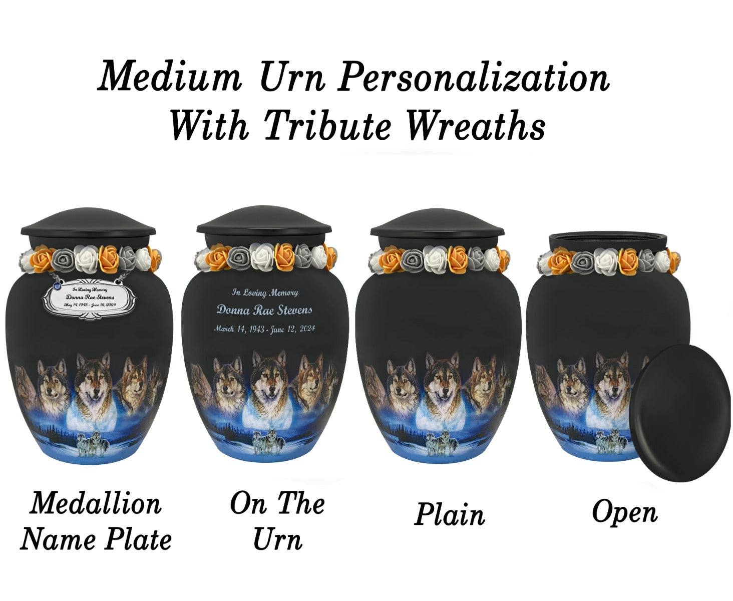Five Wolves Moon Medium or Adult Cremation Urn - Tribute Wreath™ - Pro Personalization - Burial Vault Option 
