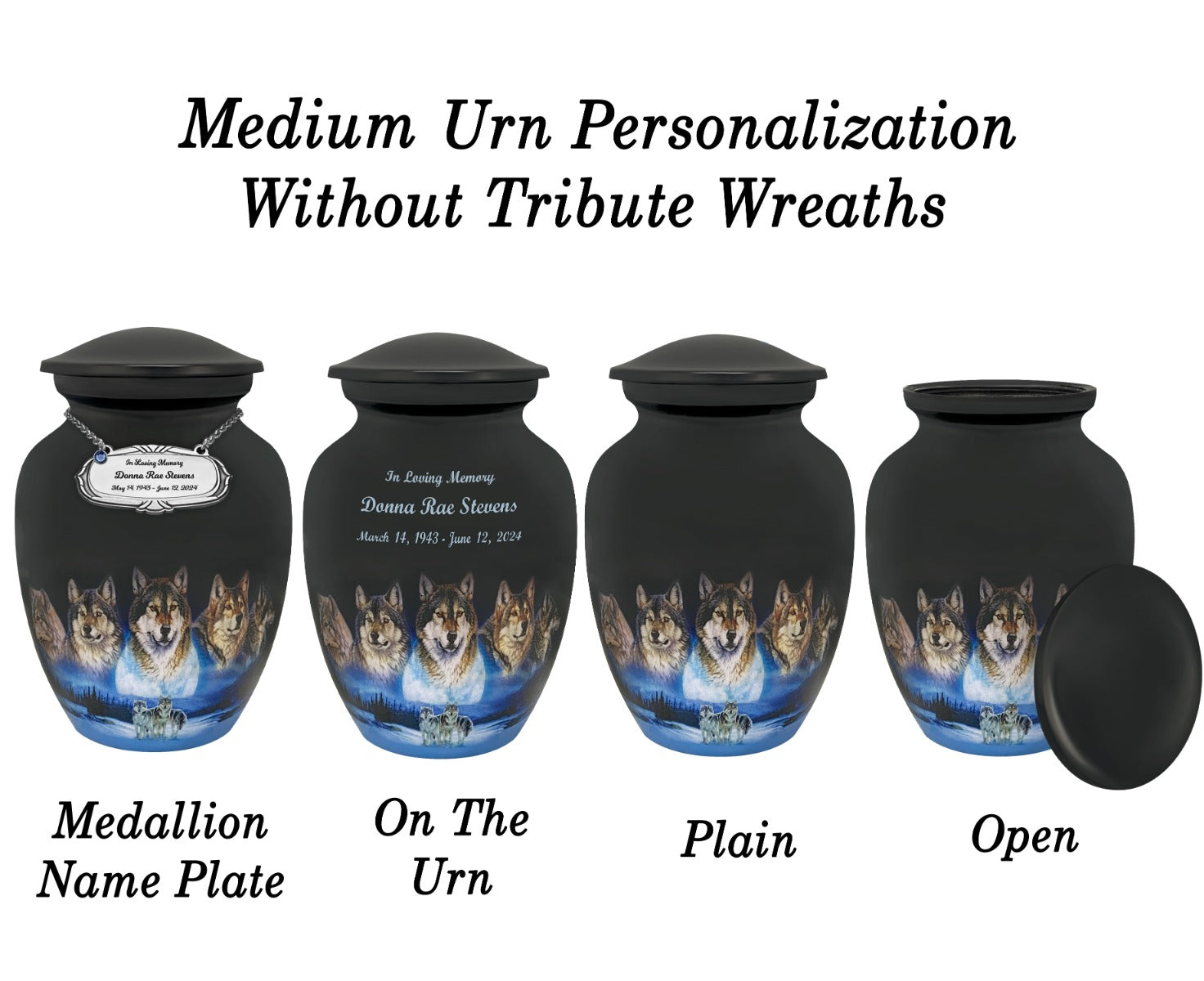 Five Wolves Moon Medium or Adult Cremation Urn - Tribute Wreath™ - Pro Personalization - Burial Vault Option 