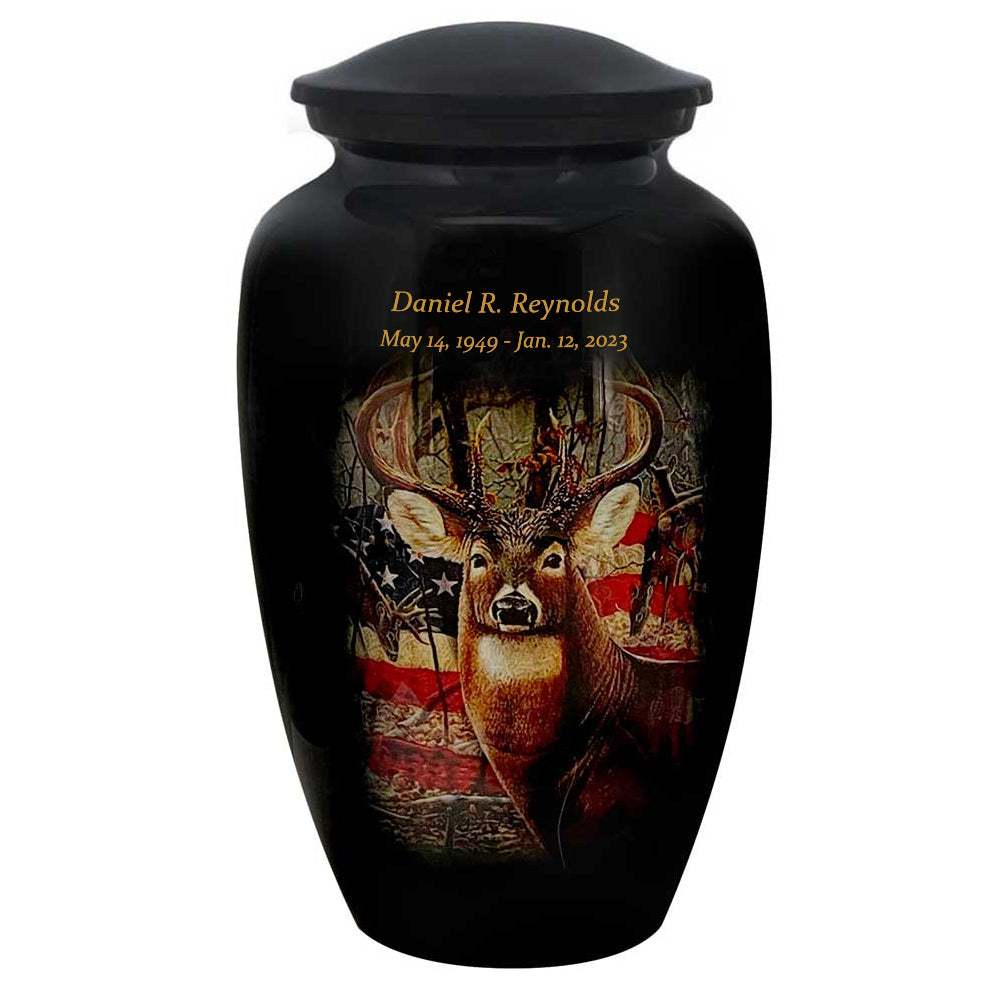 Buck USA Flag Deer Medium or Adult Cremation Urn - Tribute Wreath™ - Pro Personalization - Burial Vault Option