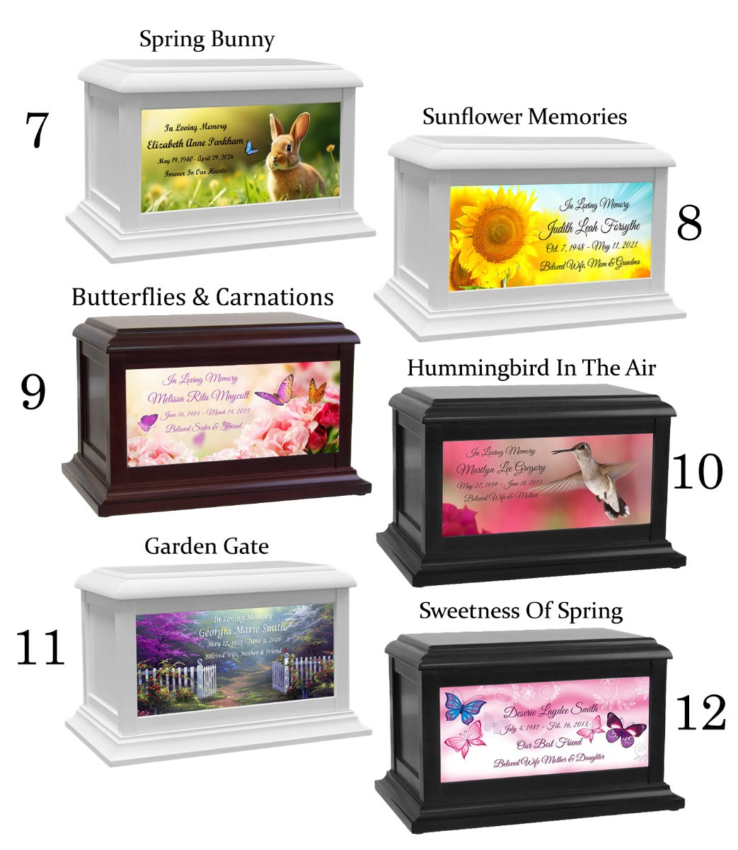 Spring Flowers, Birds & Bugs Adult or Medium Wood Keep The Memory® Cremation Urn 