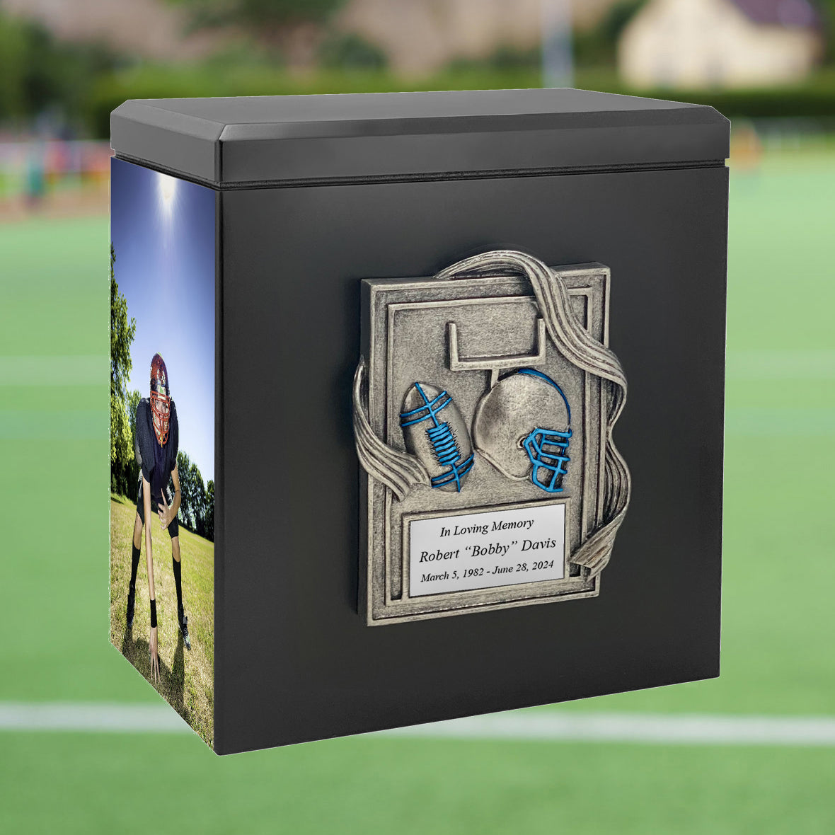 Football Photo Urn - 2 Photo Options - Customizable Colors - Free Engraved Plate - Quality Craftsmanship