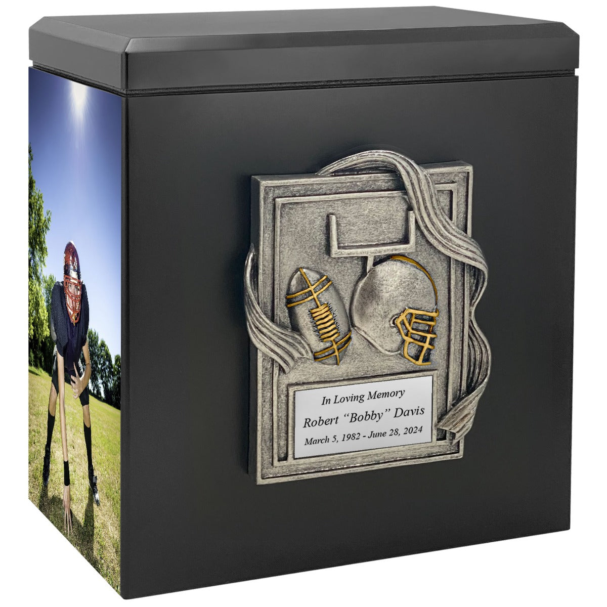 Football Photo Urn - 2 Photo Options - Customizable Colors - Free Engraved Plate - Quality Craftsmanship