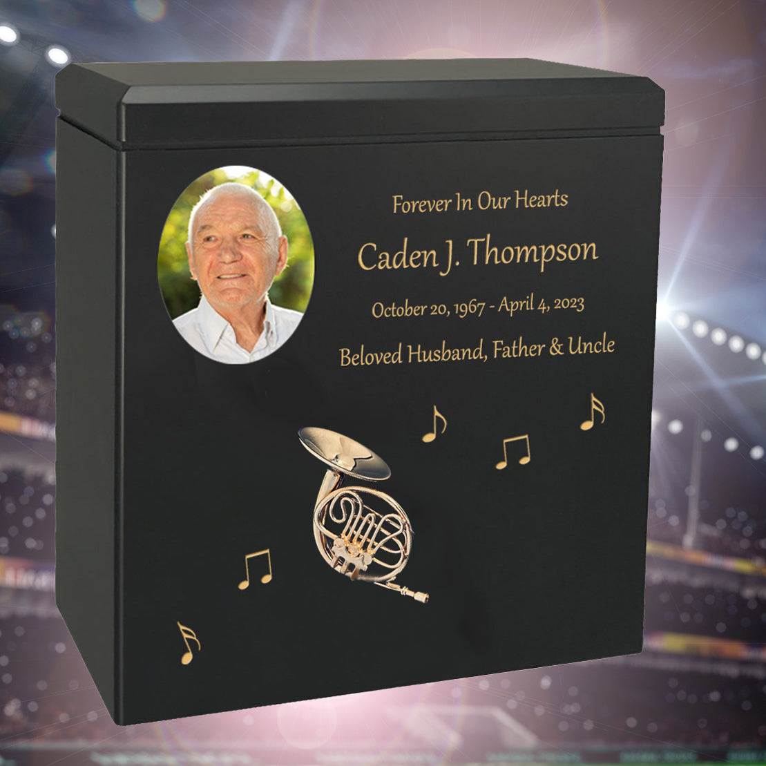 French Horn Wood Adult Cremation Urn - Miniature French Horn - Photo Option
