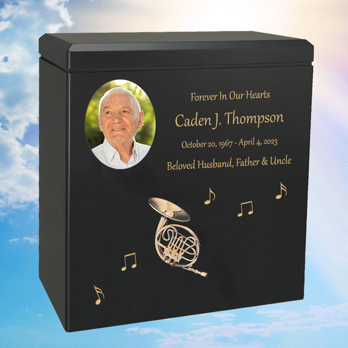 French Horn Wood Adult Cremation Urn - Miniature French Horn - Photo Option
