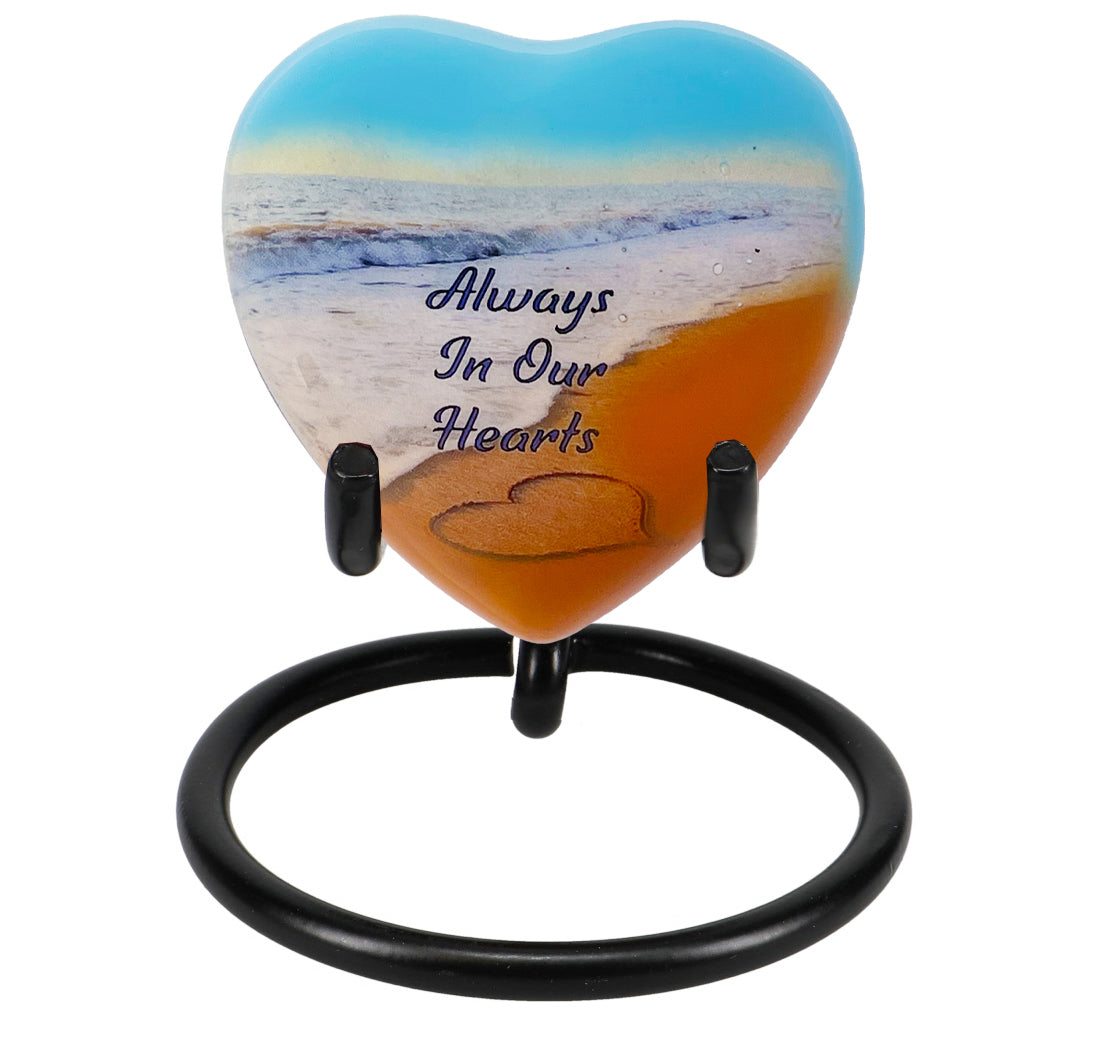 Always In Our Hearts Beach Heart Keepsake Urn - Stand Option