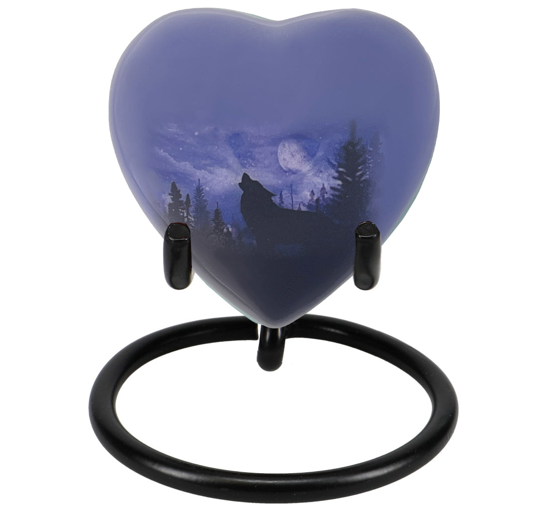 Winter Wolf Moon Heart Keepsake Urn - Stand Option