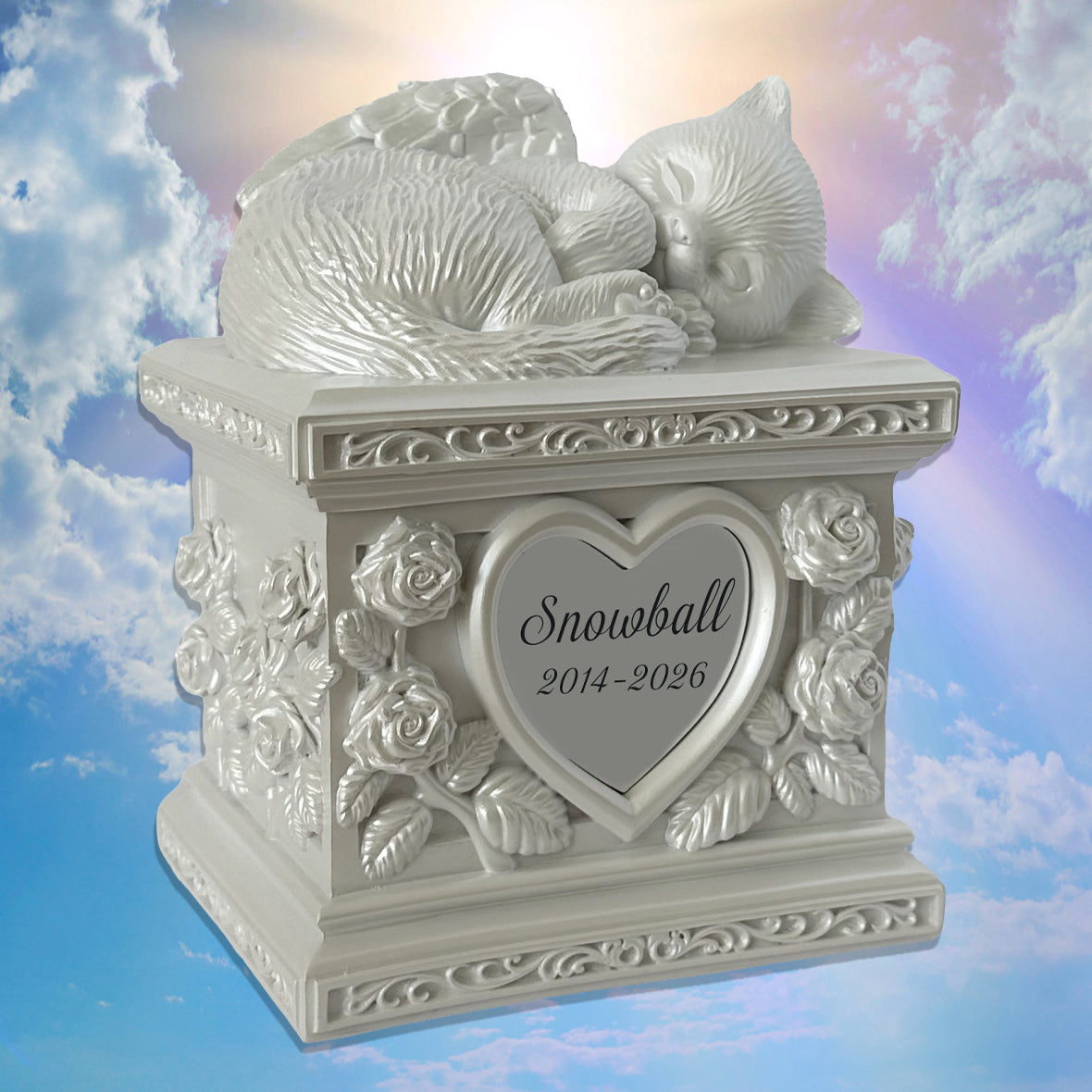 Frosted Angel Cat Garden Cremation Urn - Free Engraving