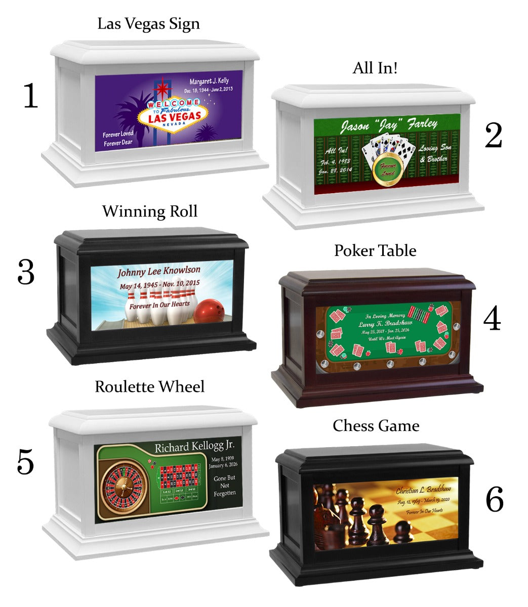 Gambling, Pool Table, Gamer, Chess & Bowling Adult or Medium Wood Keep The Memory® Cremation Urn 