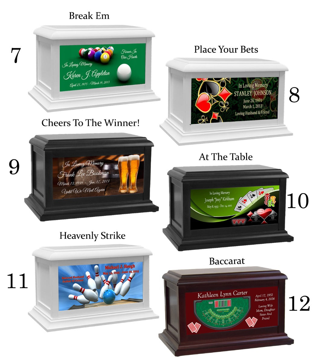 Gambling, Pool Table, Gamer, Chess & Bowling Adult or Medium Wood Keep The Memory® Cremation Urn 