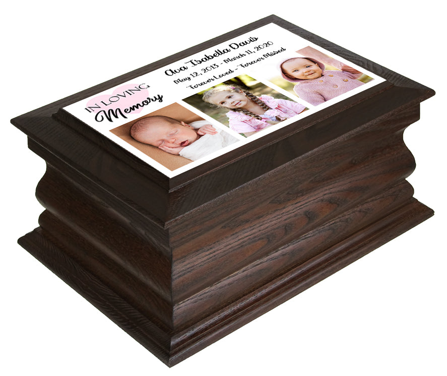 Pink Heart Girl Photo Walnut Urn - 3 Photo Options