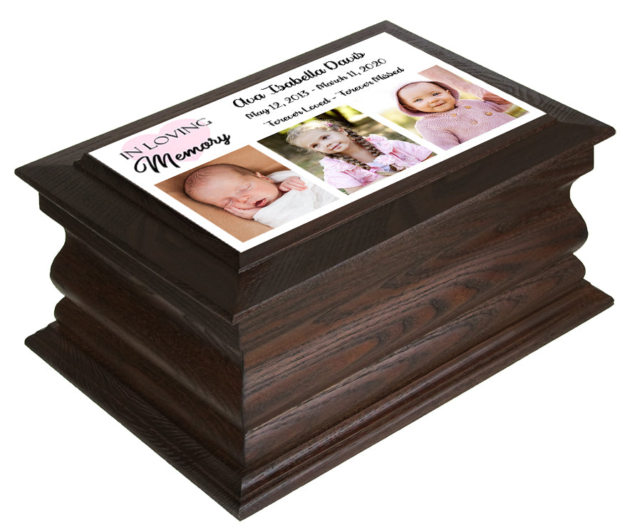 Pink Heart Girl Photo Walnut Urn - 3 Photo Options