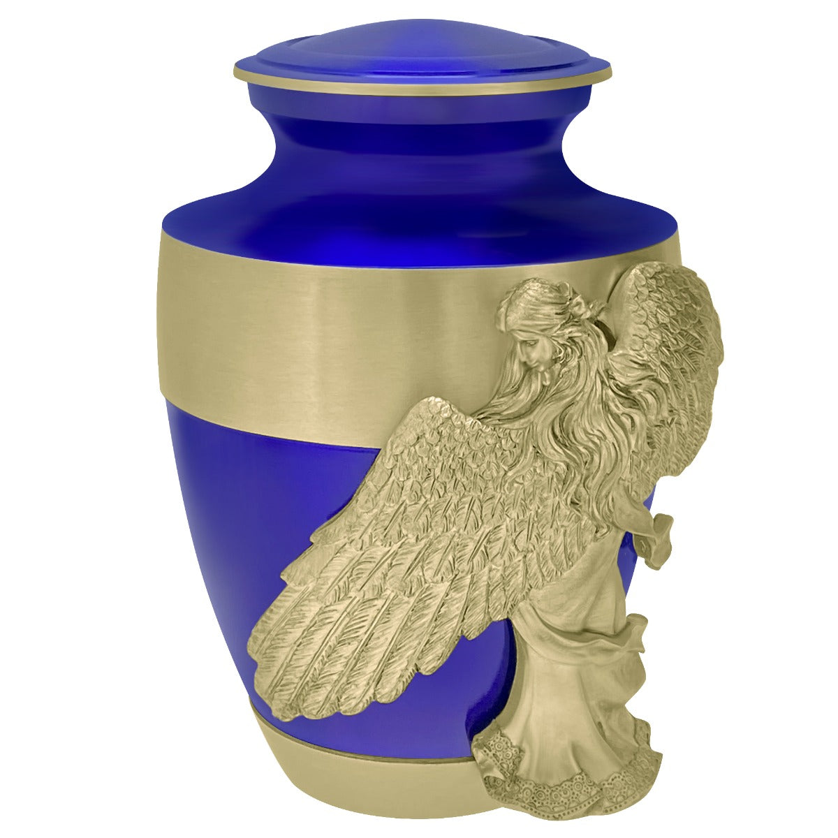 Wings of an Angel Gold Band Blue Adult Urn - Pro Laser Engraving - Burial Vault Option