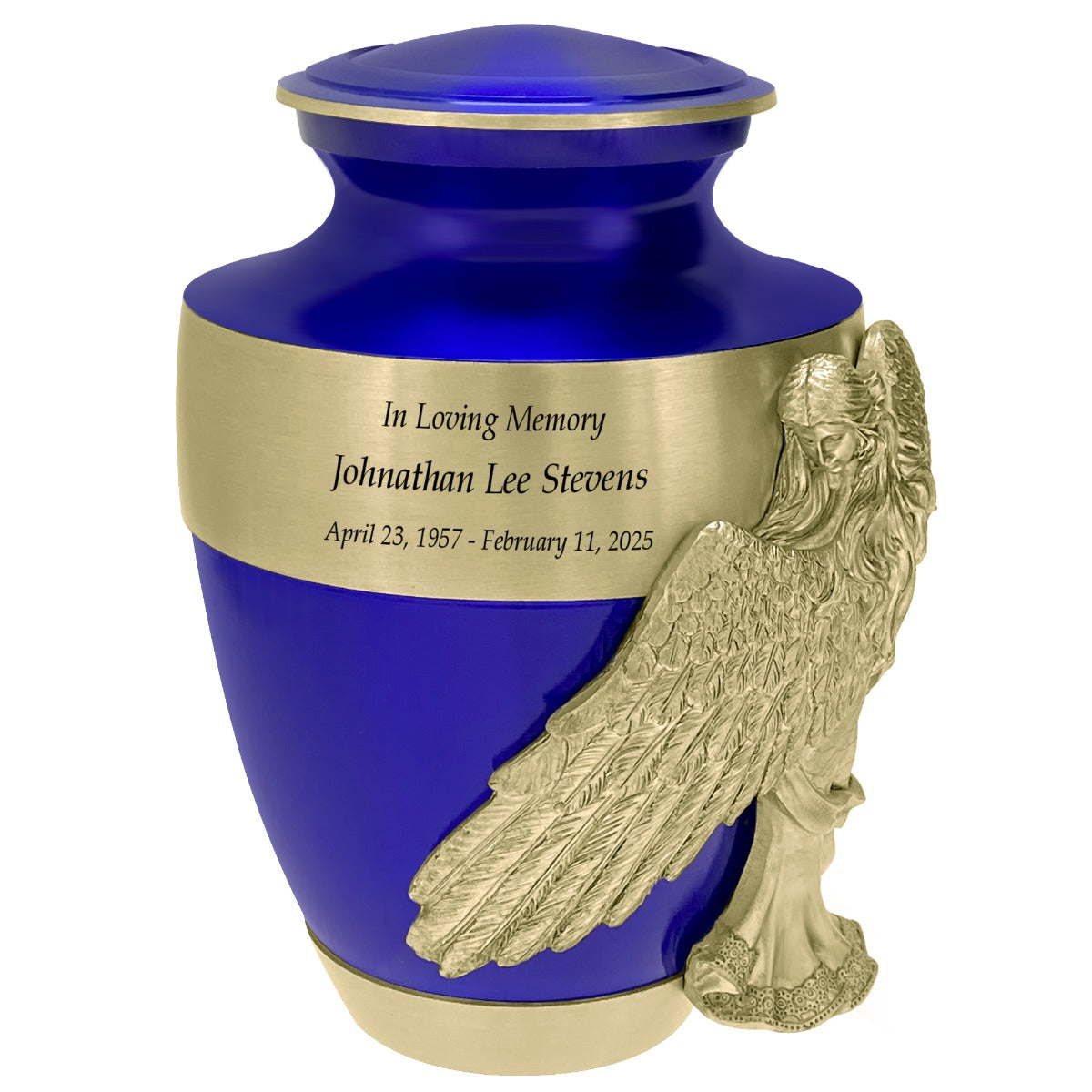 Wings of an Angel Gold Band Blue Adult Urn - Pro Laser Engraving - Burial Vault Option