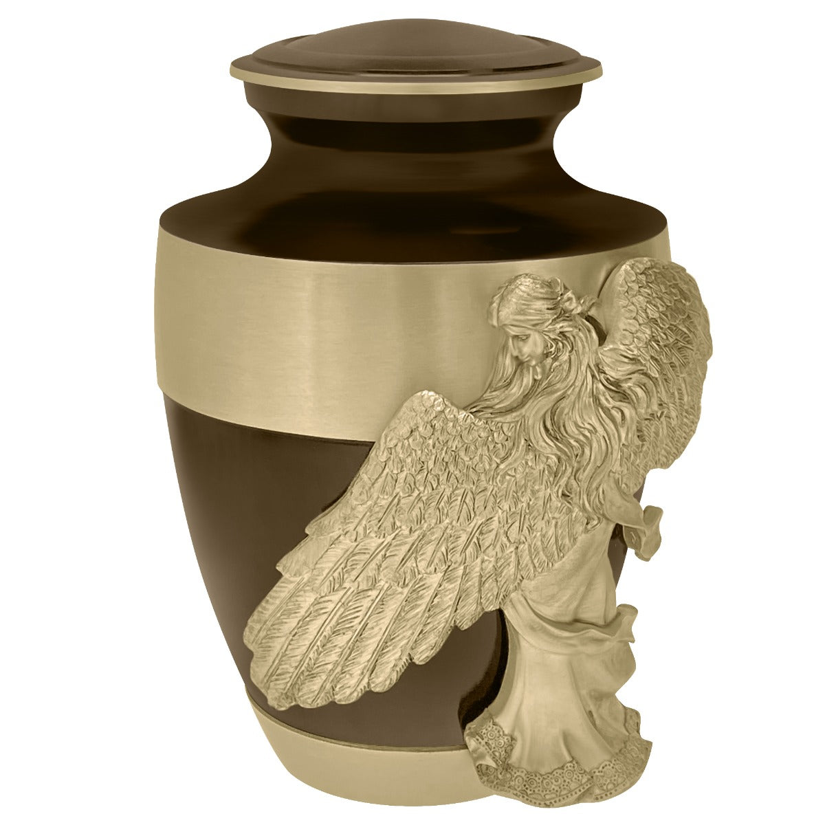 Wings of an Angel Gold Band Brown Adult Urn - Pro Laser Engraving - Burial Vault Option