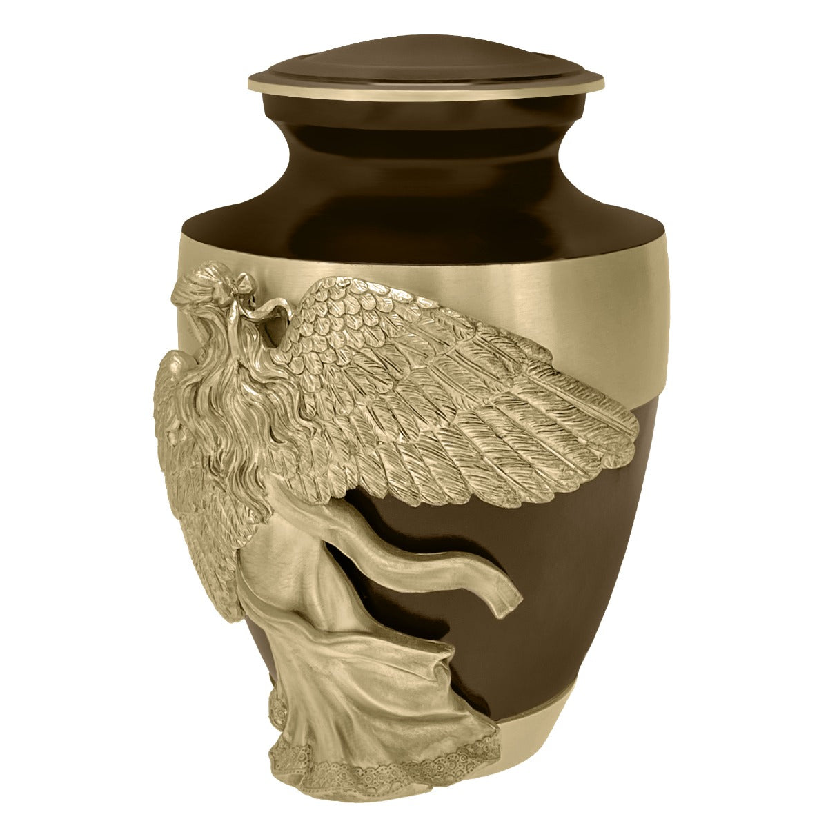 Wings of an Angel Gold Band Brown Adult Urn - Pro Laser Engraving - Burial Vault Option