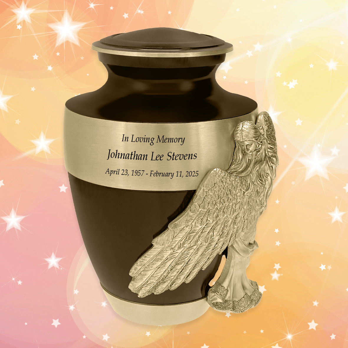 Wings of an Angel Gold Band Brown Adult Urn - Pro Laser Engraving - Burial Vault Option