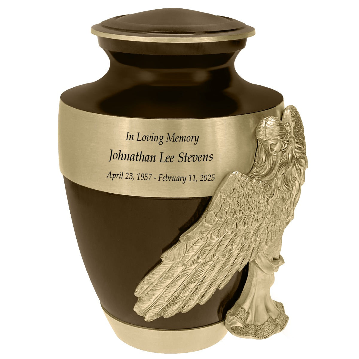 Wings of an Angel Gold Band Brown Adult Urn - Pro Laser Engraving - Burial Vault Option