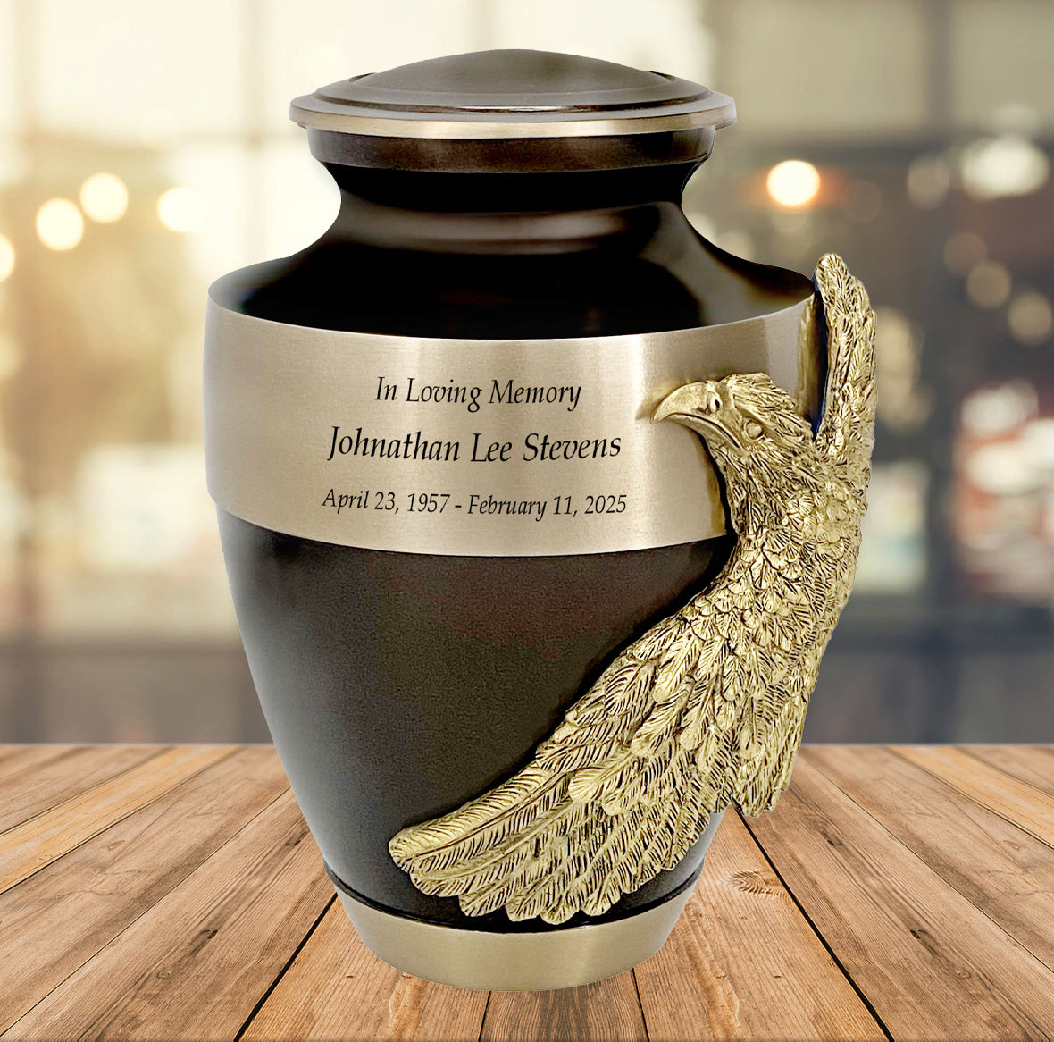 Soaring Eagle Gold Band Brown Adult Urn - Pro Laser Engraving - Burial Vault Option
