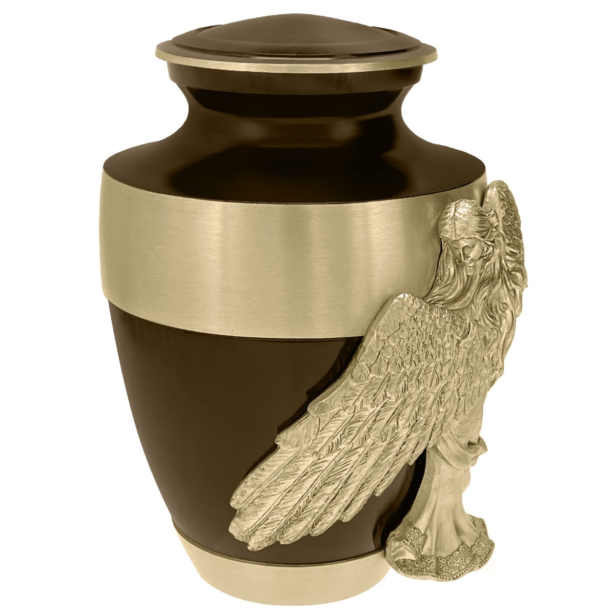 Wings of an Angel Gold Band Brown Adult Urn - Pro Laser Engraving - Burial Vault Option