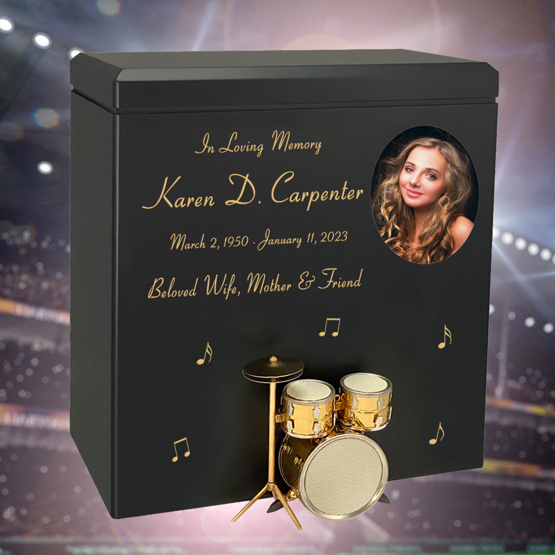 Gold Drum Set Wood Adult Cremation Urn - Miniature Drum Set - Photo Option