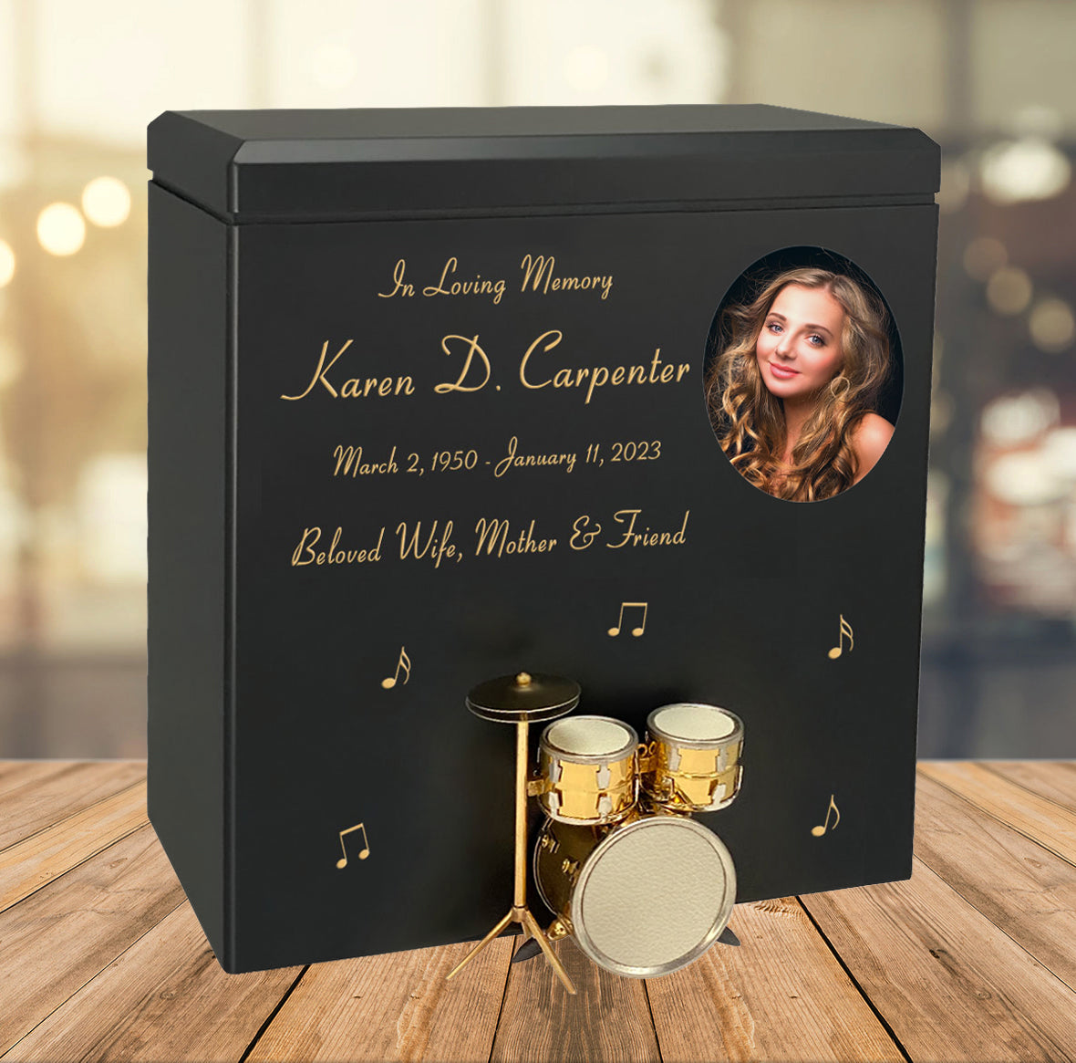 Gold Drum Set Wood Adult Cremation Urn - Miniature Drum Set - Photo Option
