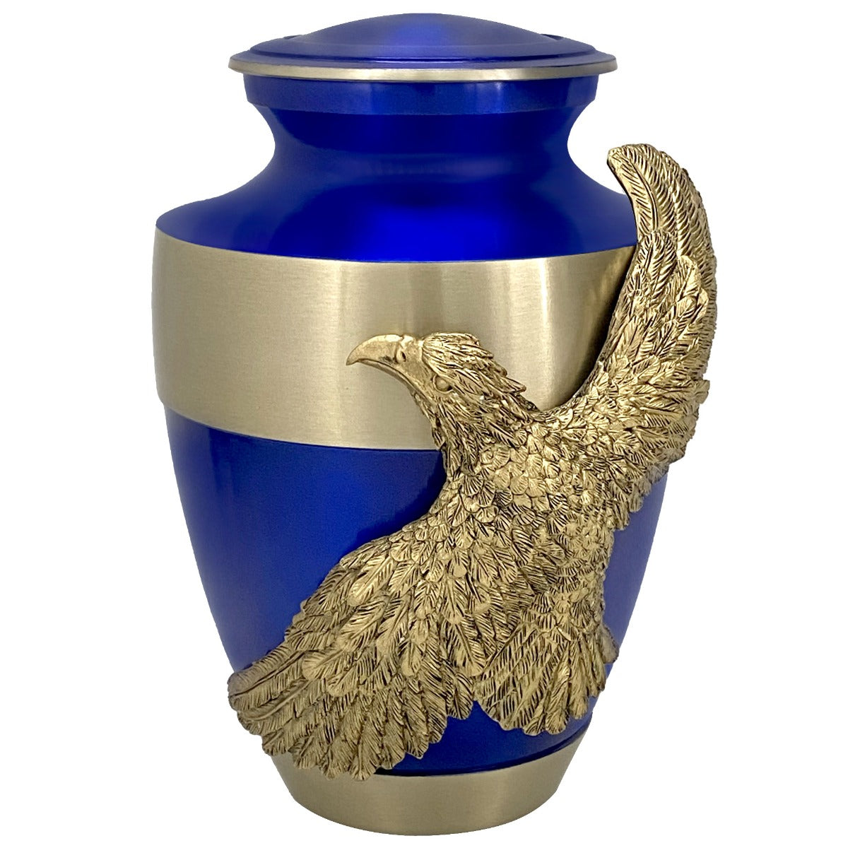 Soaring Eagle Gold Band Blue Adult Urn - Pro Laser Engraving - Burial Vault Option