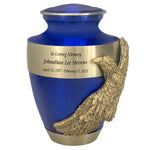 Soaring Eagle Gold Band Blue Adult Urn - Pro Laser Engraving - Burial Vault Option