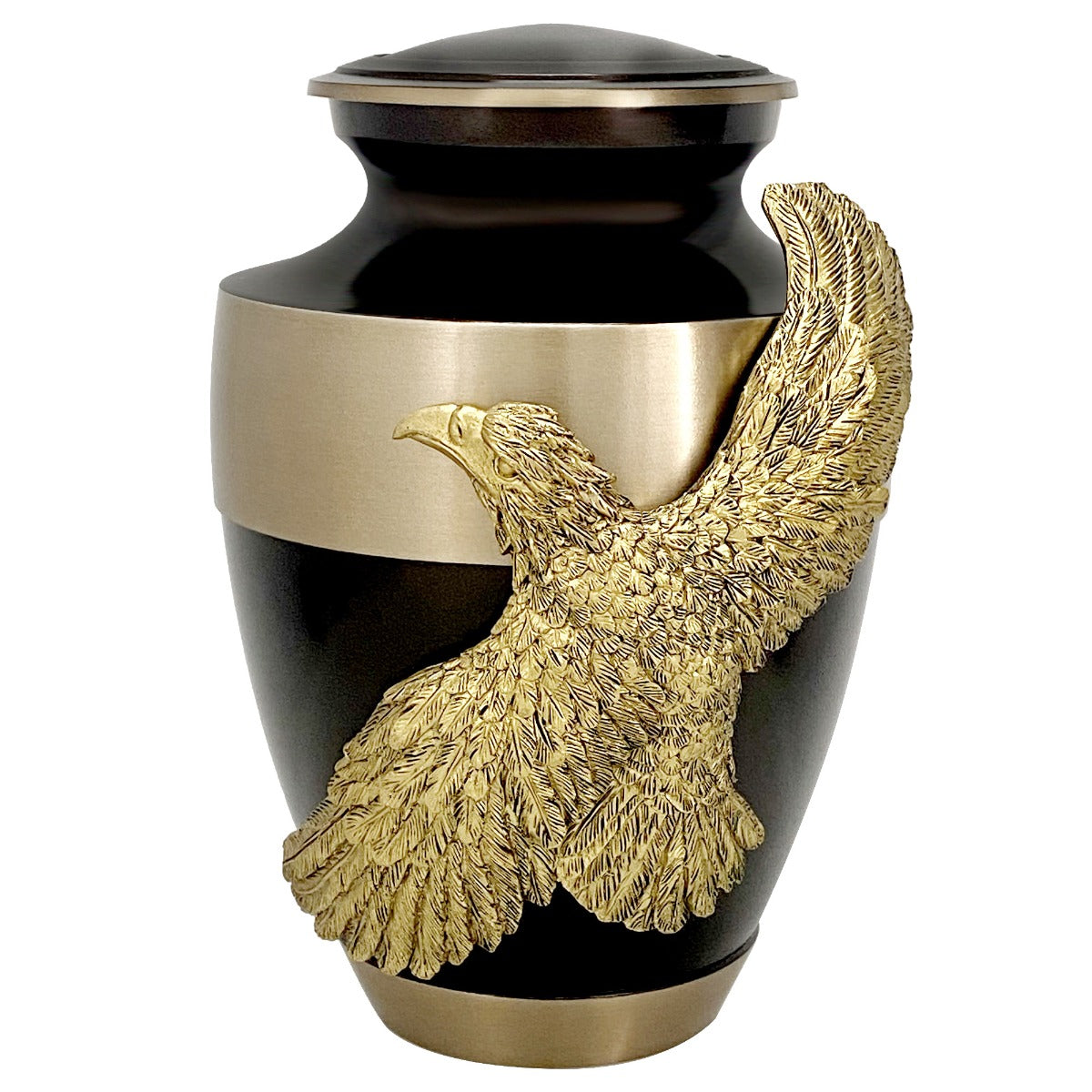 Soaring Eagle Gold Band Brown Adult Urn - Pro Laser Engraving - Burial Vault Option