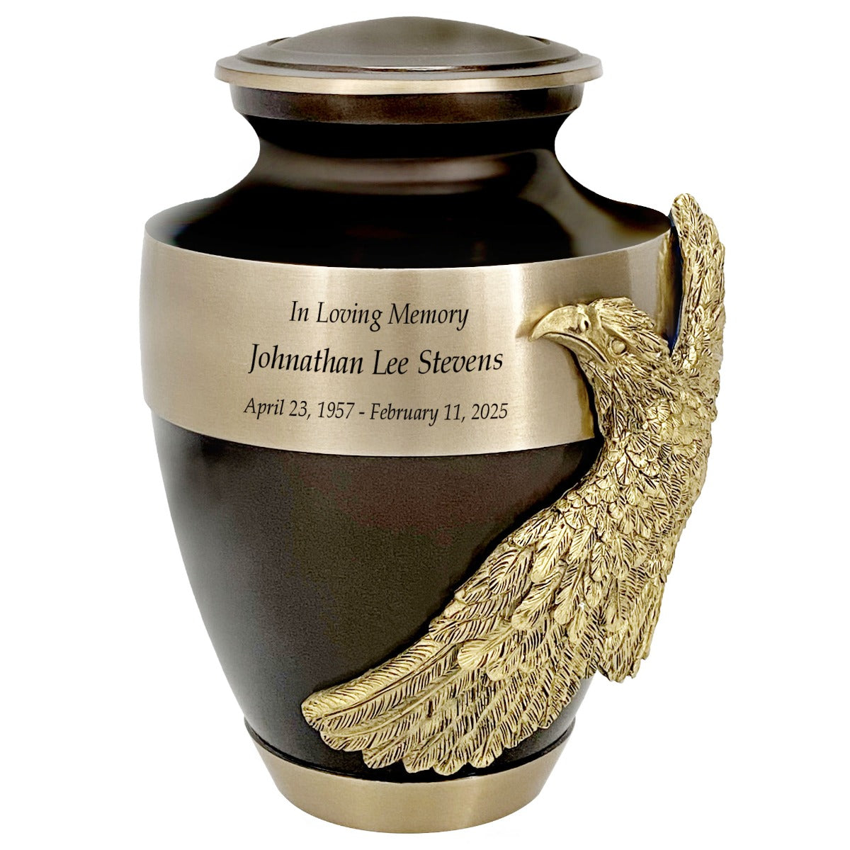 Soaring Eagle Gold Band Brown Adult Urn - Pro Laser Engraving - Burial Vault Option