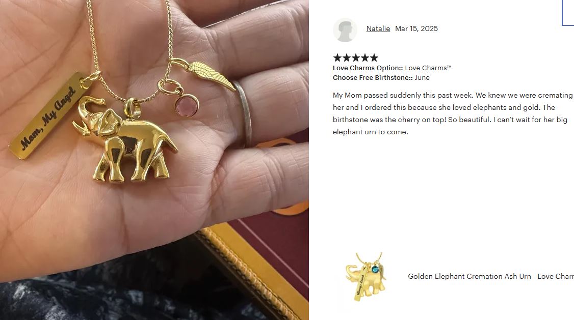 Golden Happy Elephant Pendant Ash Urn - Love Charms™ Option 