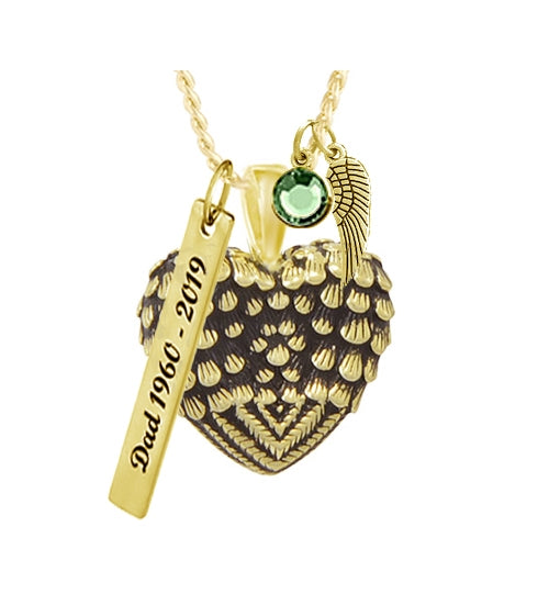 Gold Feathered Wings Ash Pendant Urn - Love Charms Option