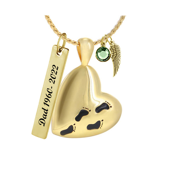 Gold Footprints Across My Heart Pendant Cremation Urn - Love Charms™ Option 