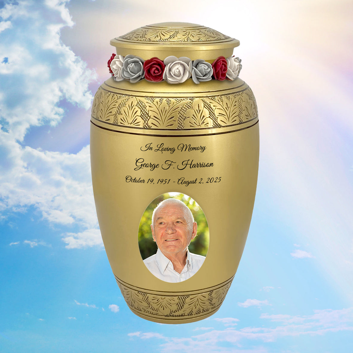 Golden Wings Photo Cremation Adult Urn - Tribute Wreath™ - Pro Personalization - Burial Vault Option