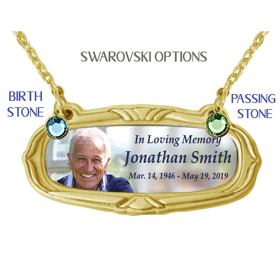 Photo Gold Medallion Urn Name Plates - Birth & Passing Stone Option