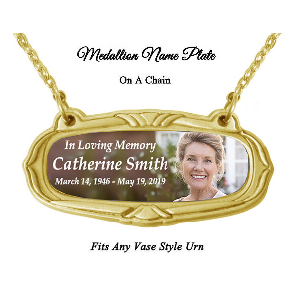 Photo Gold Medallion Urn Name Plates - Birth & Passing Stone Option