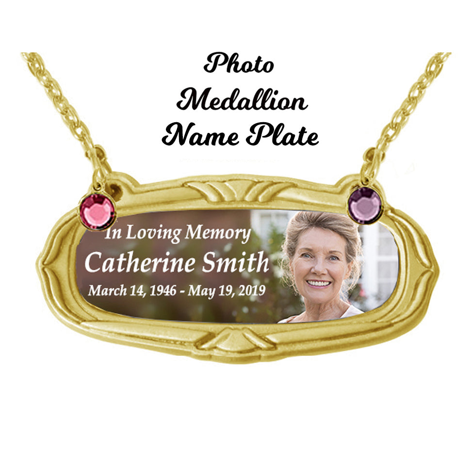 Photo Gold Medallion Urn Name Plates - Birth & Passing Stone Option