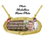 Photo Gold Medallion Urn Name Plates - Birth & Passing Stone Option