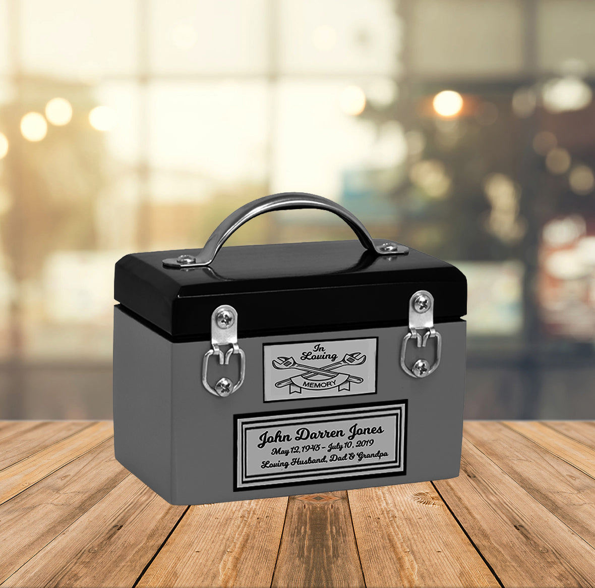 Toolbox Gray Keepsake Urn -  Free Crossed Wrenches or Hammers Plate 