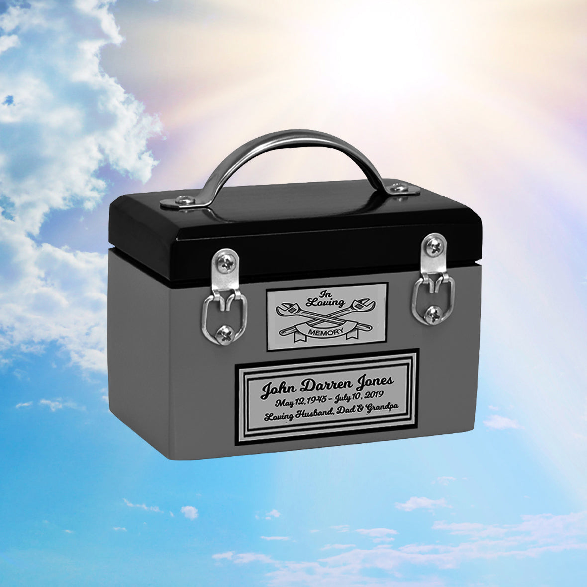 Toolbox Gray Keepsake Urn -  Free Crossed Wrenches or Hammers Plate 