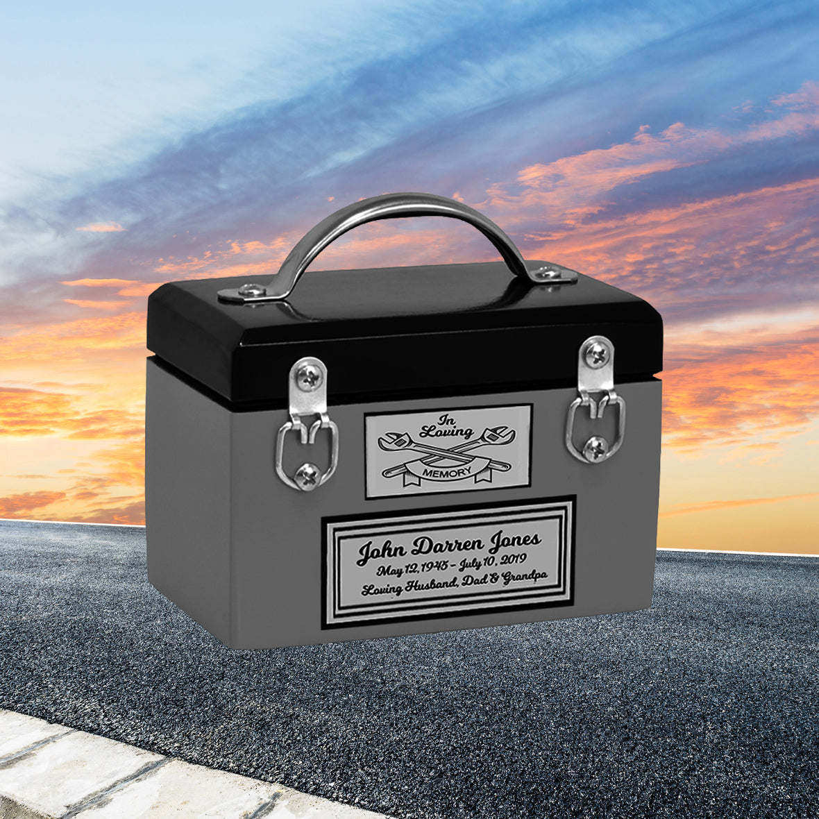 Toolbox Gray Keepsake Urn -  Free Crossed Wrenches or Hammers Plate 