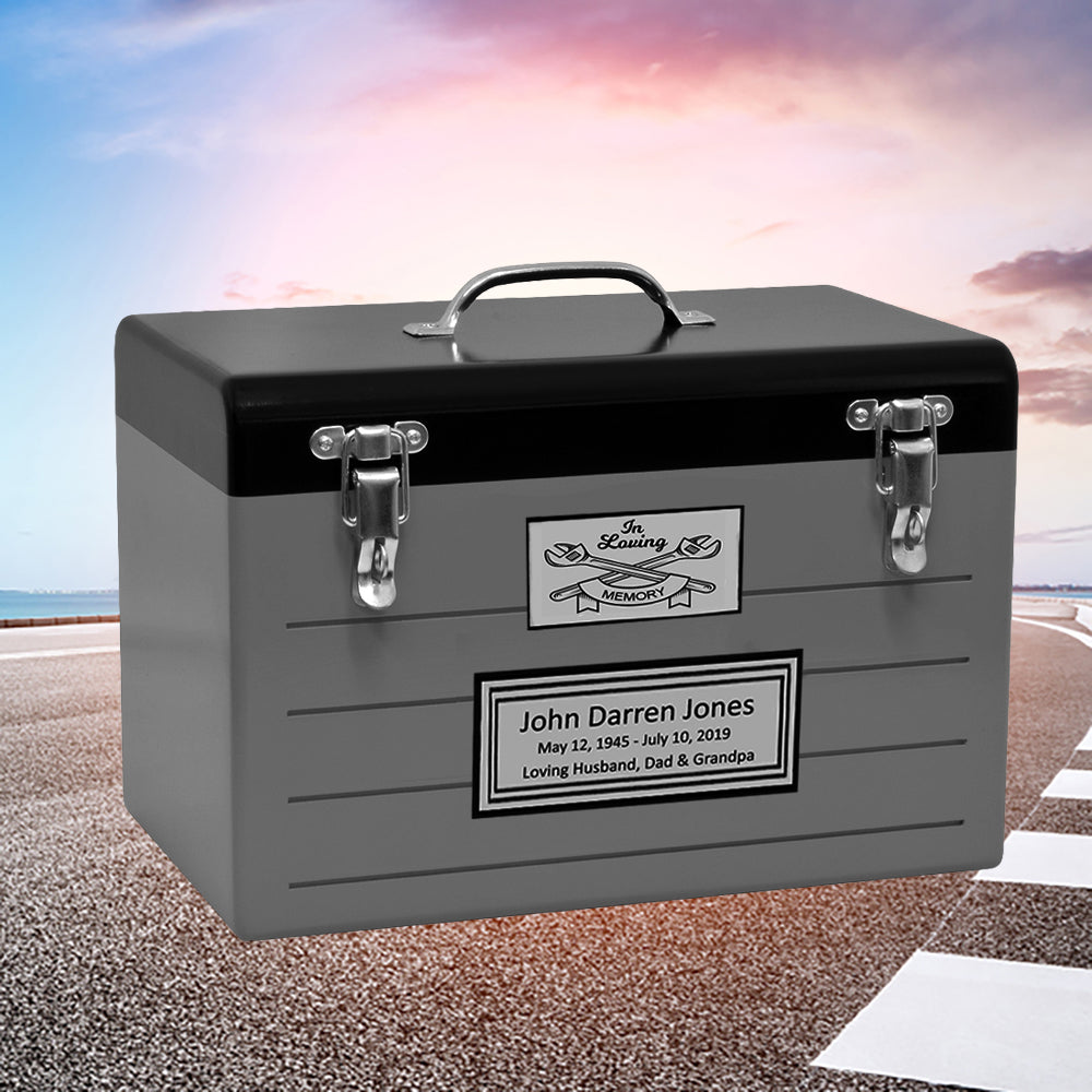 Toolbox Gray Adult Cremation Urn - Free Crossed Wrenches or Hammers Plate
