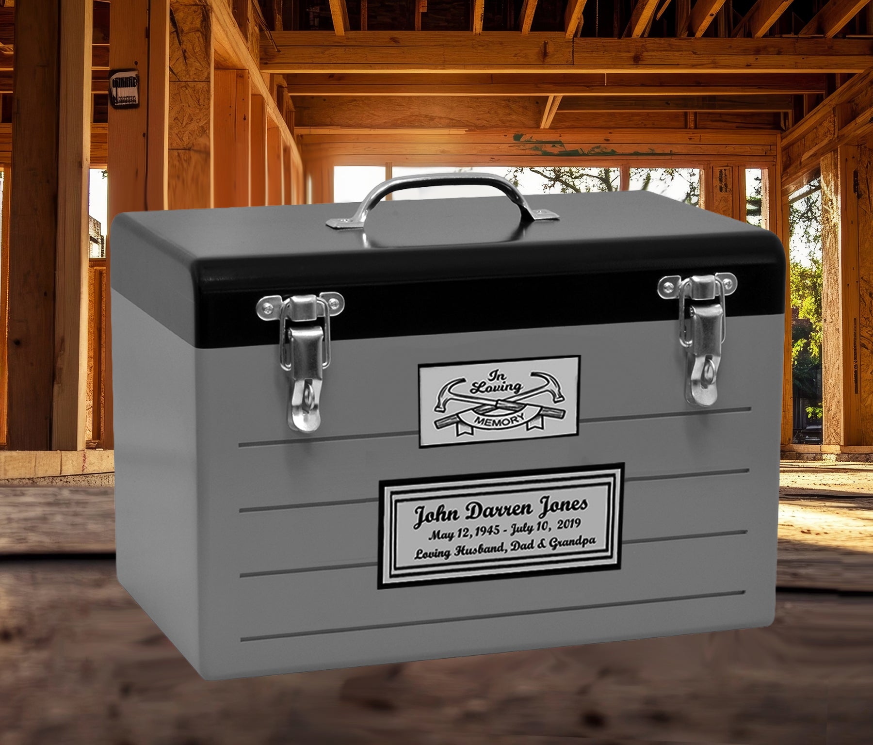 Toolbox Gray Adult Cremation Urn - Free Crossed Wrenches or Hammers Plate