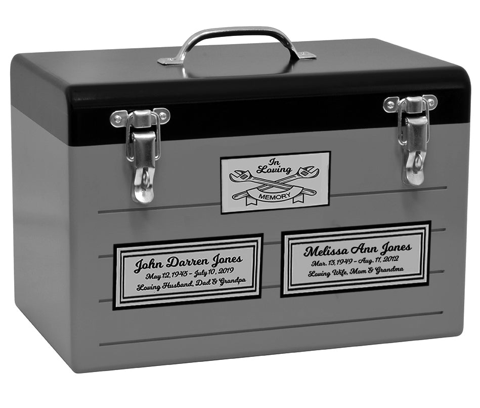 Toolbox Gray Adult Cremation Urn - Free Crossed Wrenches or Hammers Plate