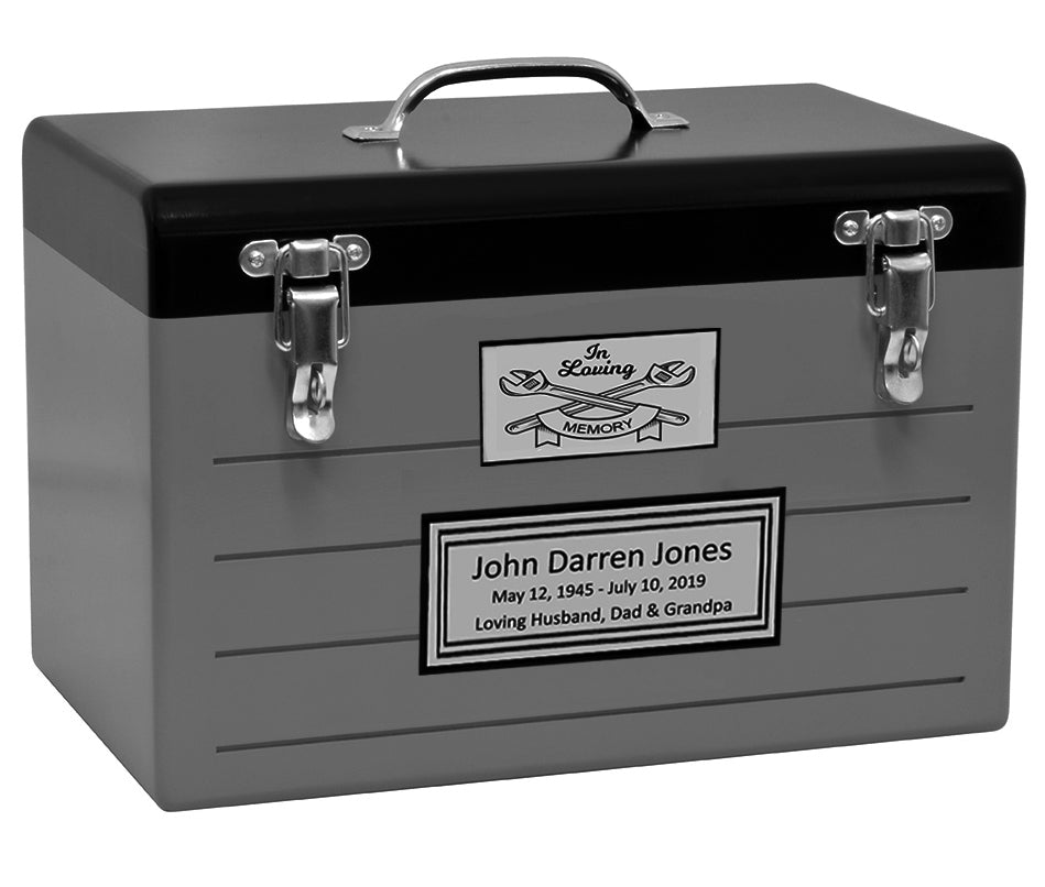 Toolbox Gray Adult Cremation Urn - Free Crossed Wrenches or Hammers Plate