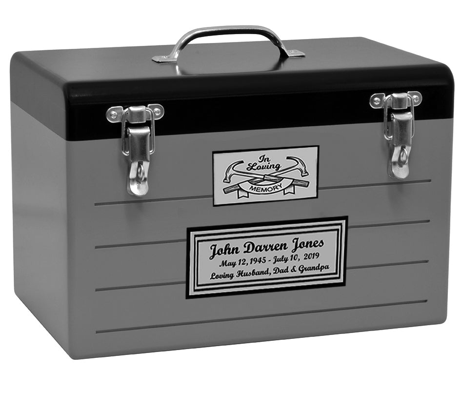 Toolbox Gray Adult Cremation Urn - Free Crossed Wrenches or Hammers Plate