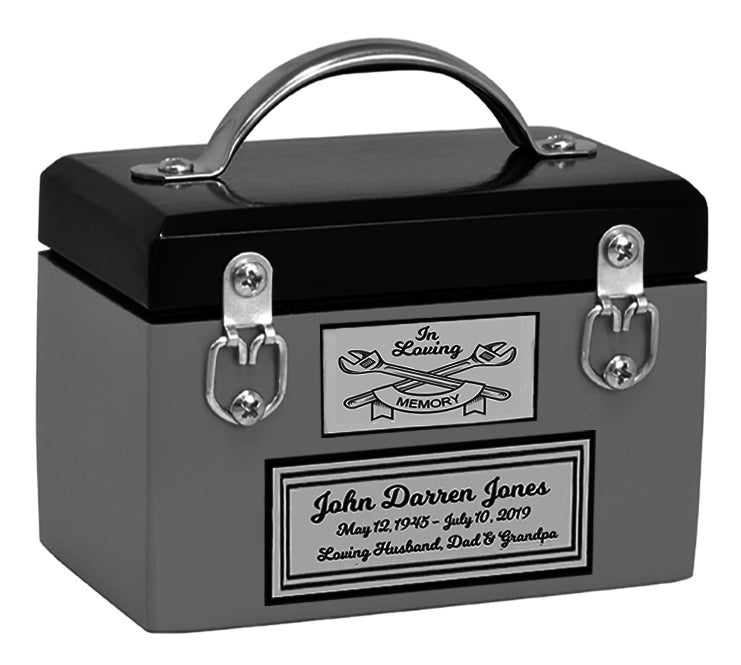 Toolbox Gray Keepsake Urn -  Free Crossed Wrenches or Hammers Plate 