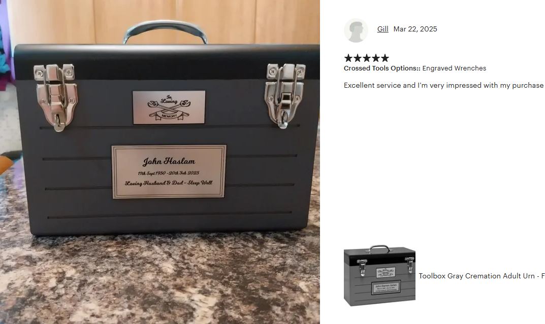 Toolbox Gray Adult Cremation Urn - Free Crossed Wrenches or Hammers Plate