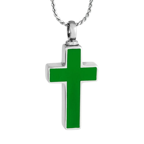 Green Stainless Cross Cremation Jewelry Urn - Love Charms Option