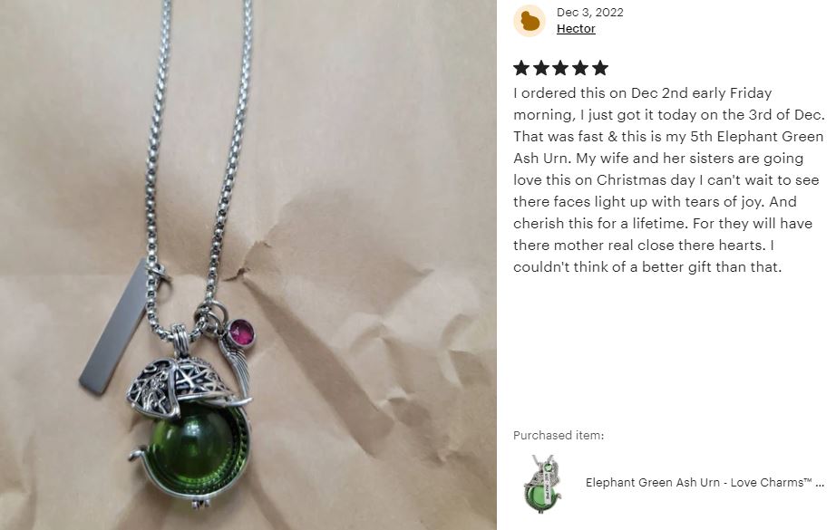 Elephant Head Green Glass Ash Pendant Urn - Love Charms™ Option