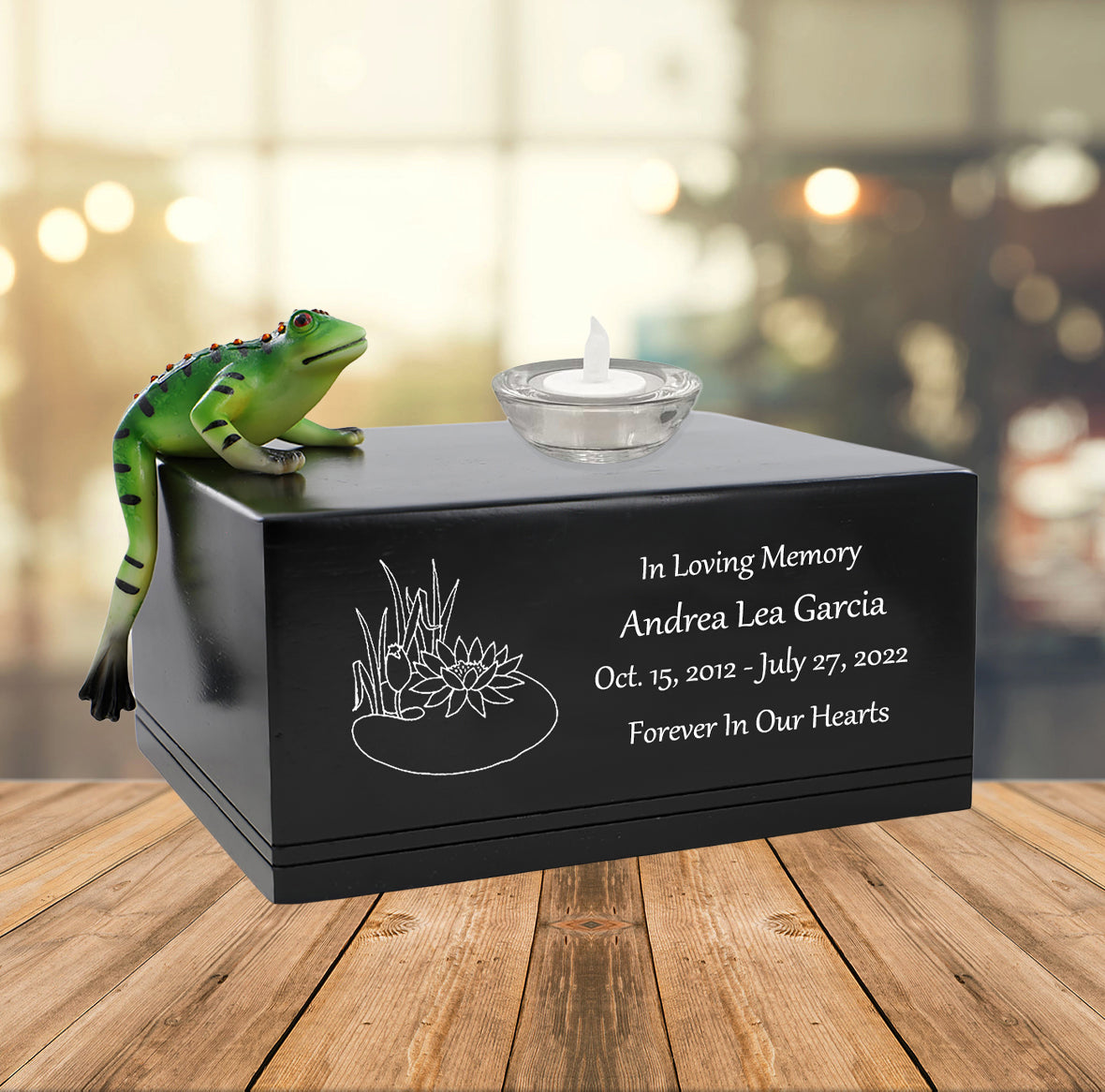 Green Frog at the Lily Pond Adult Cremation Urn - Free Engraving